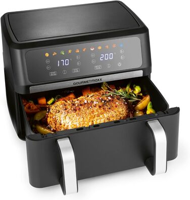 Фритюрниця готувальна повітрям Gourmetmaxx AirGenius 9 л (2 x 4,5 л) з 8 програмами | 2 камери для одночасного приготування | Сенсорний дисплей, для 8 осіб