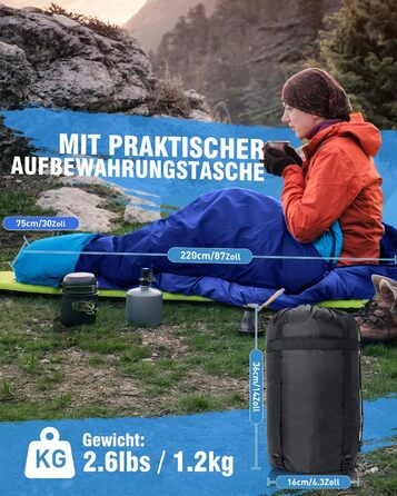 Спальний мішок 3-4 сезони, водонепроникний, ультралегкий, 220*75см (Блакитний) - для кемпінгу, подорожей, походів