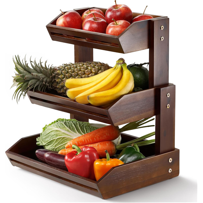 Двоярусна фруктова корзина HOLANA з дерева для стільниці – органайзер для фруктів, овочів та закусок (горіх)