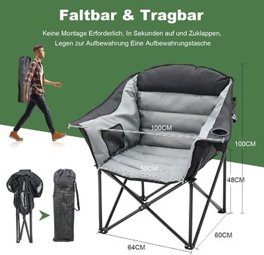 Кемпінговий стілець складний (200 кг) з подушкою 6 см - великий, для риболовлі, кемпінгу, саду та фестивалів - міцний, з бічними кишенями та сумкою для перенесення, чорно-сірий
