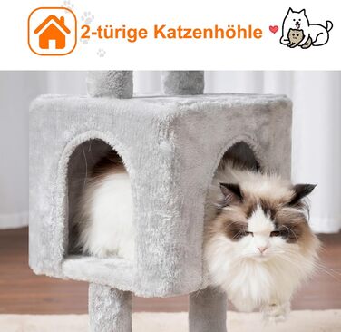 Котячий будиночок Heybly Kratzbaum: висота 100 см, котячий комплекс з платформою, печерею, 2 гамаками та іграшками. Активний котячий будиночок HCT006SG (світло-сірий)