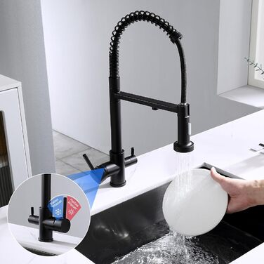 3-х стороння кухонна змішувач з поворотним гусаком 360°, 2 функції (з душем), 3 в 1, для фільтрів, з нержавіючої сталі та латуні, чорний