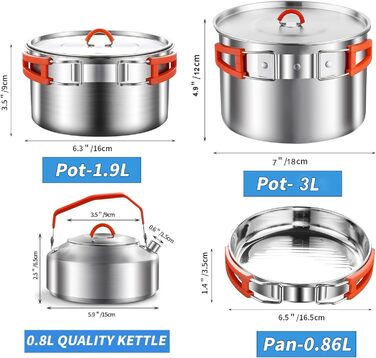 Набір кухонного посуду для кемпінгу з нержавіючої сталі 304, для 2-4 особи, похідний посуд для кемпінгу, пікніків та відпочинку на природі