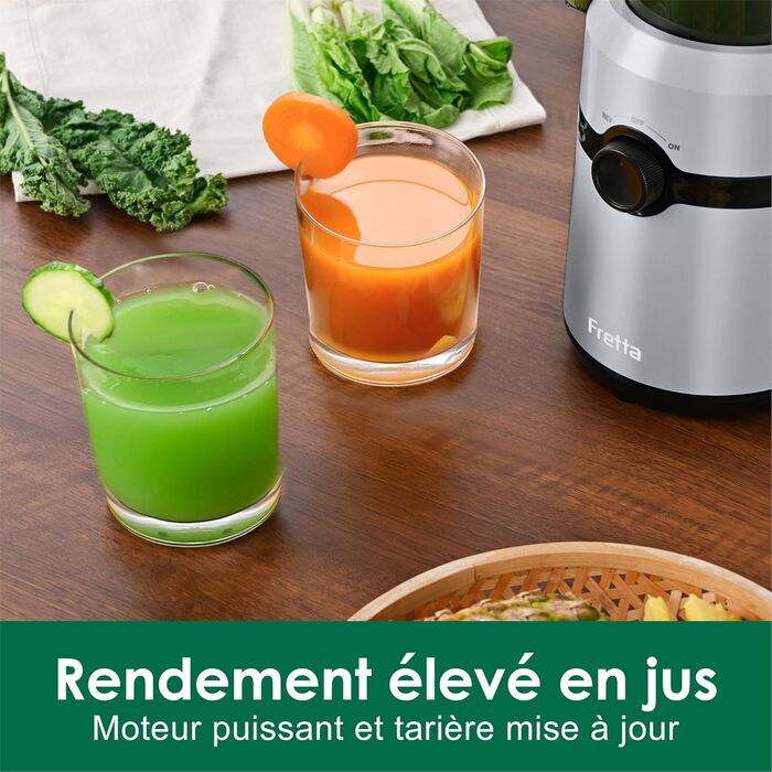 Fretta Slow Juicer with 108mm Opening & 1L Capacity, Juicer for Vegetables and Fruit - Test Winner, 200W Electric Juice Press with Cold Press, Easy Cleaning and Quiet Motor, BPA-free (Silver, 1L) 1L Silver