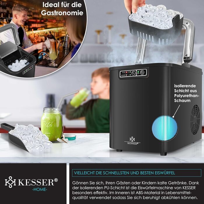 Машина для приготування льоду KESSER® з нержавіючої сталі | 12 кг льоду за 24 години | Швидке приготування (7 хв) | 2.2 л резервуар | 2 розміри кубиків льоду | LED-дисплей | Самоочищення | Чорний