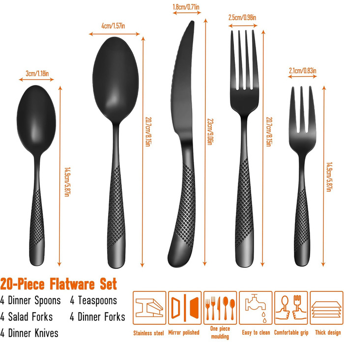 Набір столових приборів FANTICDE на 4 особи, 20 предметів, нержавіюча сталь, чорний матовий, з ножем, виделкою, ложкою, преміум-якість, для посудомийної машини
