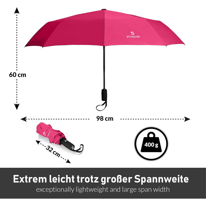 Стійкий до вітру парасолька STYNGARD OSLO Pink: захист від дощу до 140 км/год, автоматичне відкриття, тефлонове покриття