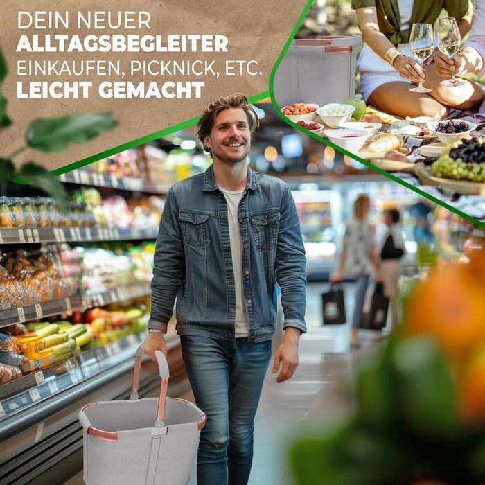 Великий стабільний кошик для покупок | Кошик для перенесення з ручками та посиленим дном, передня кишеня та внутрішня кишеня на блискавці | Ідеально як сумка для покупок, кошик для пікніка або шопер (Світло-сірий Рожевий)