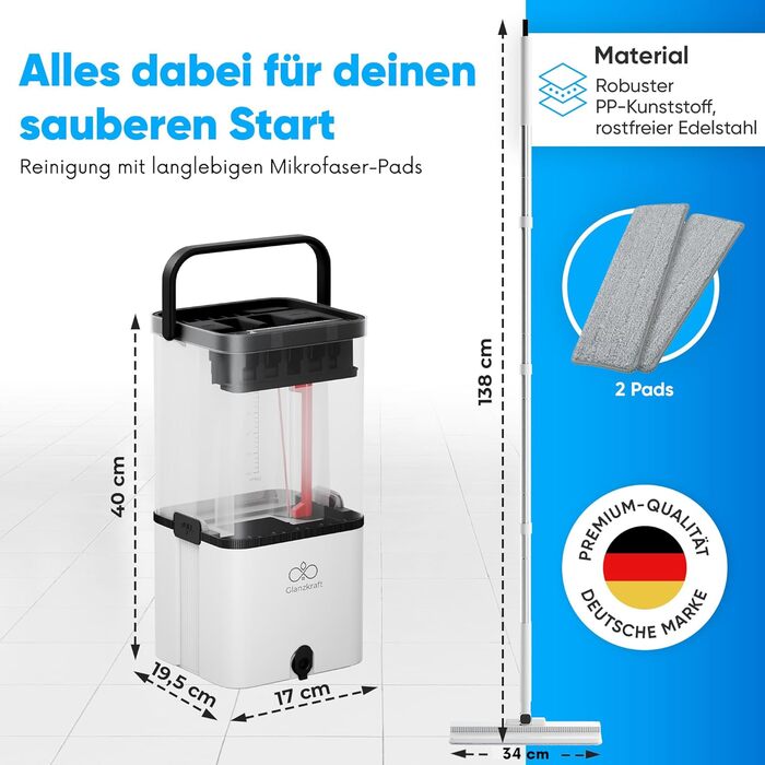 Набір для миття підлоги Wischmopp з відром – моп з 2-камерною системою та функцією відкачування – гігієнічний набір для прибирання – 2,5 л – білий