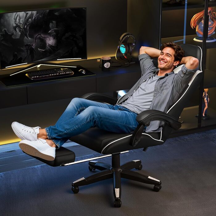 Ігрове крісло Bigzzia Ergonomic Gaming Stuhl з підніжкою та функцією масажу, біле