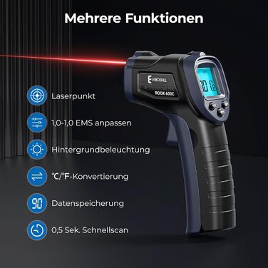 Інфрачервоний термометр ERICKHILL -50℃~600℃ безконтактний лазерний пістолет для вимірювання температури з LCD-дисплеєм, регульованою емісією - для приготування їжі/барбекю/морозильної камери/промисловості, чорний/синій, 600℃, базова версія