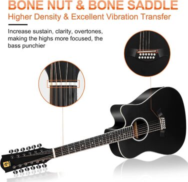 Електроакустична гітара Vangoa 41 дюйм, 12-струнна, чорна, з підсилювачем та 4-х смуговим еквалайзером