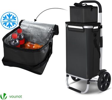 Складна господарська сумка-візок VOUNOT 50 л з алюмінію, водонепроникна з термовідділенням, великі колеса з бризковиками, чорна
