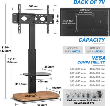 Підставка для телевізора Ttap 32-65 дюймів з дубом та скляною полицею, поворотна та регульована по висоті
