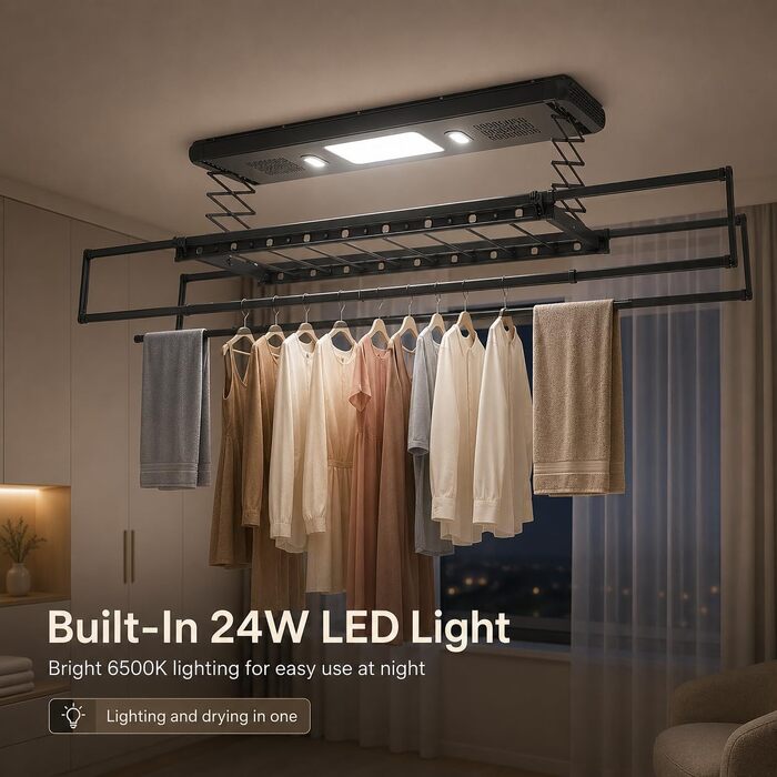 Електрична сушарка для білизни стельова з дистанційним керуванням та LED-підсвіткою, регульована за висотою та довжиною, чорна