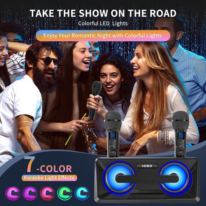 Караоке машина для дорослих та дітей з 2 бездротовими мікрофонами, Bluetooth, світлові ефекти, підставка для телефону, портативна PA система для дому, вечірки, пікніка (чорний)