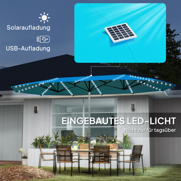 Сонцезахисний парасоль Doppelsonnenschirm Outsunny з сонядними LED-ліхтарями 451x267 см, алюміній, UV 50+, парасоль з ручним приводом, стійкий до вітру, парасоль для балкона, ринку, пляжу, саду, блакитний | Aosom
