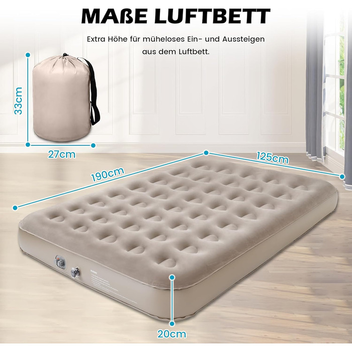 Надувний матрац для 2 осіб з електричним насосом, 190 x 125 x 20 см - для дому та кемпінгу
