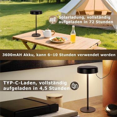 Настільна лампа на сонячній батареї з акумулятором LED, 2 шт, чорна. Бездротова, з димером, USB зарядка, IP44 для дому та вулиці