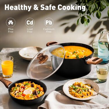 Набір посуду DishDelight 15 предметів: каструлі та сковороди з антипригарним покриттям, індукційні, з граніту, чорного кольору