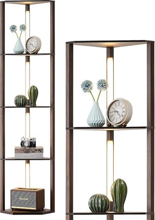 LED торшер EDISHINE з 4 полицями з дерева, торшер для вітальні, регульоване освітлення, 3 колірні температури, поворотний світловий стержень, підсвічування полиць, футовим вимикачем (темно-горіховий)