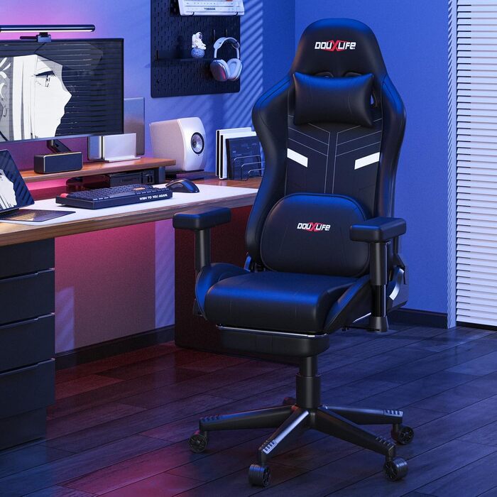 Ігровий крісло Douxlife з масажем та підігрівом, ергономічний офісний крісло з підніжкою, регулювання 90°-175°, підлокітники 2D, для геймерів, чорний, до 181 кг