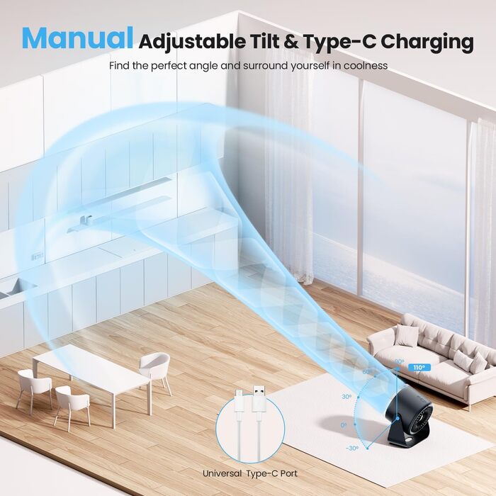 Вентилятор WSKEN з акумулятором - турбо режим, цифровий дисплей, 100 швидкостей, портативний настільний вентилятор, 115° обертання, потужний потік повітря, тиха робота, міні вентилятор для офісу, на вулицю, блакитний/чорний