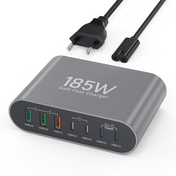 Зарядний пристрій USB-C 185W, мережевий адаптер 7 портів PD3.0 + QC3.0 для MacBook Pro/Air, iPhone 17/16/15 Pro Max, Samsung Galaxy S23/Note20 (Сірий)