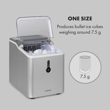 Машина для приготування льоду Klarstein Eiswürfelmaschine - 12 кг/24 год, 8 хв цикл, 1,5 л резервуар, LED-дисплеї, портативна, з прозорим кришкою, з лопаткою - для вечірок (срібна)