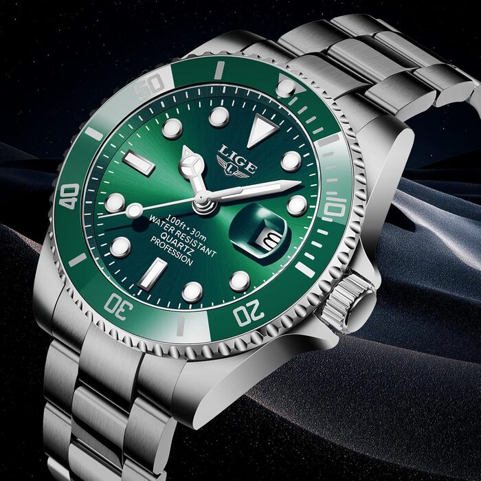 Годинник чоловічий LIGE, аналоговий кварцовий годинник з нержавіючої сталі, 3ATM водостійкий (30м), з календарем та світловим покриттям, бізнес-годинник для відпочинку (зелений)