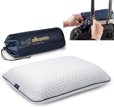 Alkamto Travel Pillow - Camping Pillow - Ergonomic Memory Foam Pillow with Temperature-Regulating Cover - Oeko-Tex Made IN Green