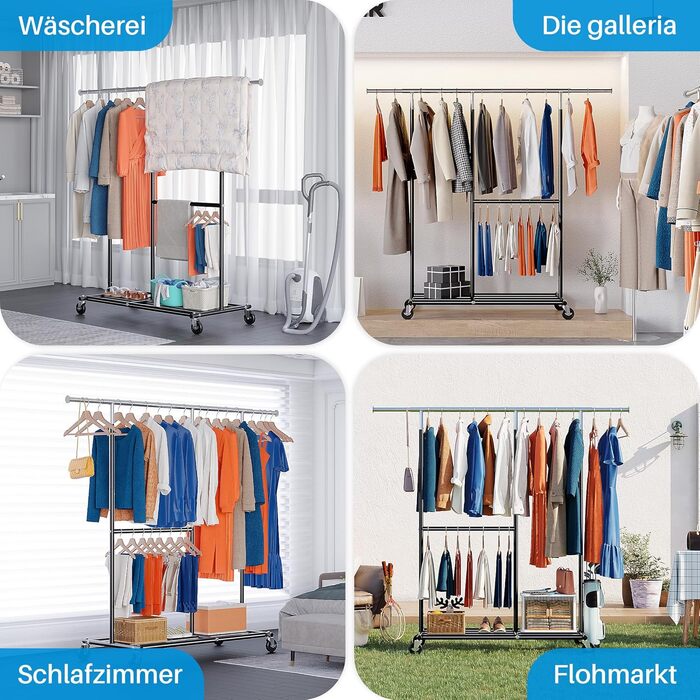 HOKEEPER Heavy-Duty Clothes Rack with Wheels, Up to 150 kg Load Capacity, Durable Clothes Rod with Shelves for Hanging, for Bedroom, Office, Business, Chrome Steel, Black