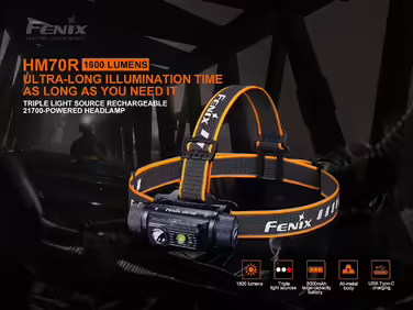 Налобний ліхтар FENIX HM70R на акумуляторі 21700, нейтральний білий та червоний світлодіоди, акумуляторний
