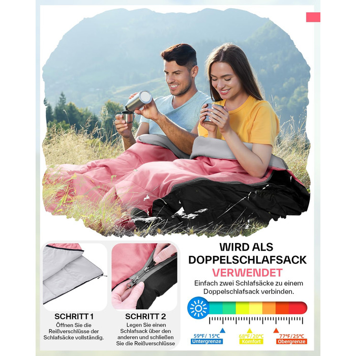 Sportneer Summer Sleeping Bag - Lightweight, Waterproof Camping Sleeping Bag for Backpacking, Hiking & Travel (Pink)