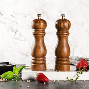 Bill.F Salt and Pepper Grinder Set, Wooden Pepper Grinder 2-Piece Set Manual Salt and Pepper Shakers Grinder Refillable 7 inches with Adjustable Ceramic Grinding Rotor
