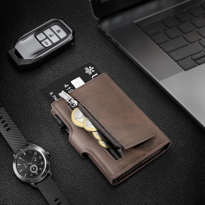 Тонкий гаманець TENBST з відділом для дрібниці, RFID захистом, з екошкіри, для чоловіків, автоматичний висувний картхолдер, коричневий, класичний