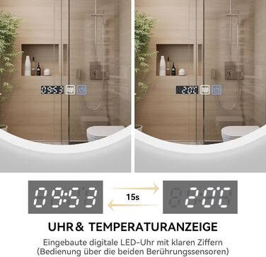 Дзеркало для ванної кімнати YOURLITE з підсвічуванням, діаметр 60 см, LED, сенсорне керування, 3 кольори світла, регулювання яскравості, антизапар, пам'ять, годинник, білий