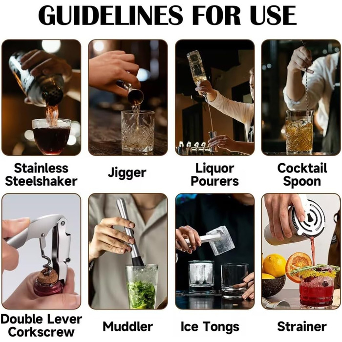 Набір бармена OBALY Barkeeper Kit: шейкер, мадлер, аксесуари для коктейлів (25oz) з бамбуковою підставкою. З рецептами коктейлів. Сріблястий колір