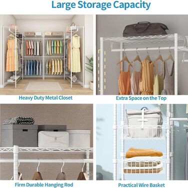 Heavy-Duty Clothes Rack, Clothes Rod, Wardrobe, Freestanding Clothes Rail with Height-Adjustable Shelves and Storage Baskets, Load Capacity up to 320 kg, White