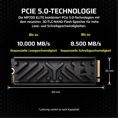 SSD Corsair MP700 Elite 2TB PCIe 5.0 NVMe M.2 – Швидкість до 10000 МБ/с – 3D TLC NAND, DirectStorage, з радіатором – Чорний