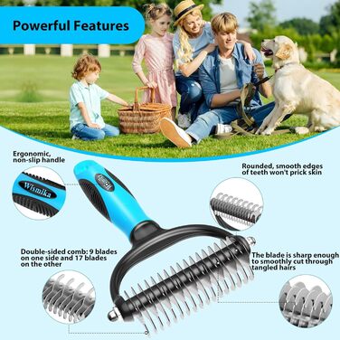 Двостороння щітка для грумінгу собак та котів 2-в-1, для видалення підшерстка, самоочисна (блакитна)