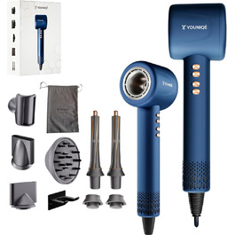 Фен YOUNIQÉ 5-в-1 з іонізацією, насадки для локонів, випрямлення, дифузор та концентратор, 1600W, LED, 4 температурні режими, магнітні насадки, ергономічний дизайн, блакитний/золотий