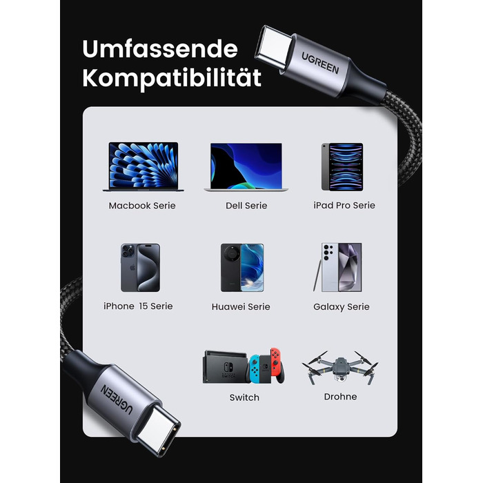 Кабель USB-C на USB-C UGREEN 60W PD 3.0, 1.0 м (1 м), сумісний з iPhone, Galaxy, MacBook, iPad, Pixel
