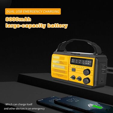 Радіо TKMARS Notfall 8000mAh: радіо з ручкою, FM/AM, сонячна панель, зарядка 2 телефонів, 3-рівні освітлення, SOS-сигнал