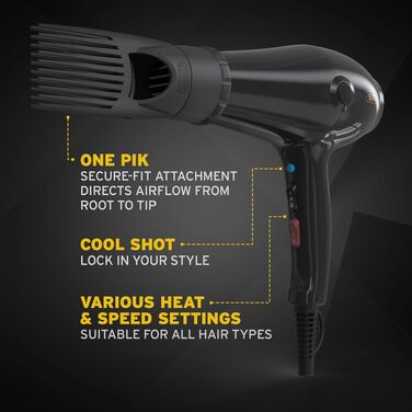 Фен для волосся WAHL PowerPik 5000 з насадкою-піком для афро-кучерявого волосся, 3 режими температури, антифриз-ефект