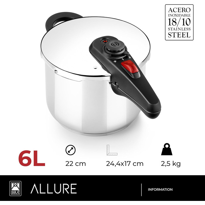 Скороварка BRA Allure 6 л з нержавіючої сталі 18/10, 2 режими приготування, система блокування, для всіх типів плит