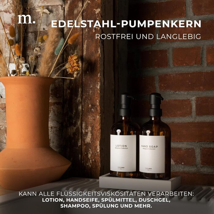 MaisoNovo Soap Dispenser Set - Soap Dispenser for Kitchen - 500 ml Amber Bottles, Black Pumps, Glass Pump Dispensers, Soap Dispenser Set, 2-Piece Set and Concrete Tray - Dish Soap Dispenser Kitchen