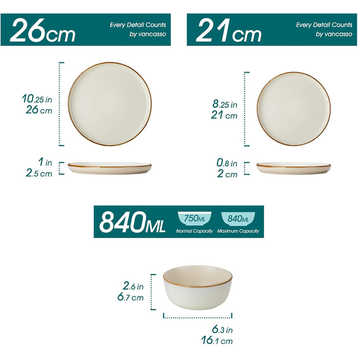 Набір посуду на 6 осіб Vancasso RENO 24 шт. з каменю, сучасний сервіз: тарілки для їжі, супу, десерту, миски. Підходить для миття в посудомийній машині та використання в мікрохвильовій печі. (Бежевий, 36 шт.)