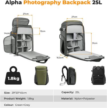 Рюкзак для фотокамери K&F Concept Alpha, 25L, чорний, з відділенням для 16-дюймового ноутбука, сумісний з Canon/Nikon/Sony/DJI Mavic