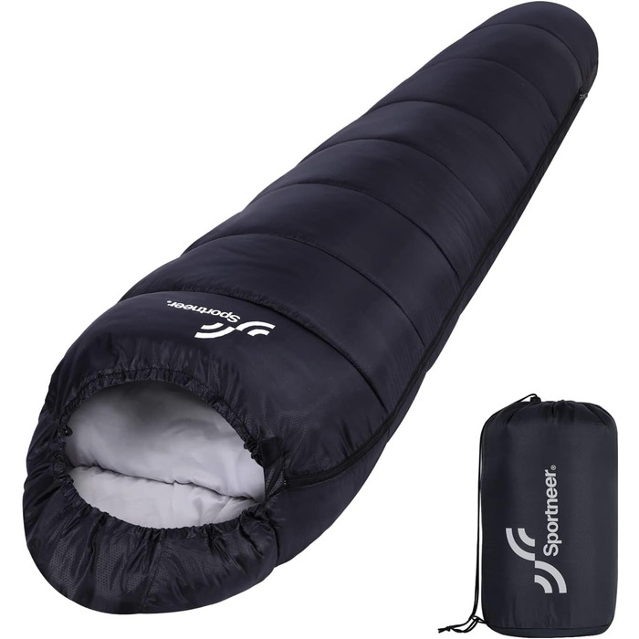 Сплячий мішок Sportneer - компактний та ультралегкий (950г/1500г) - кокон для кемпінгу та подорожей. 3-4 сезонний спальний мішок для чоловіків, жінок та дорослих. Чорний колір.